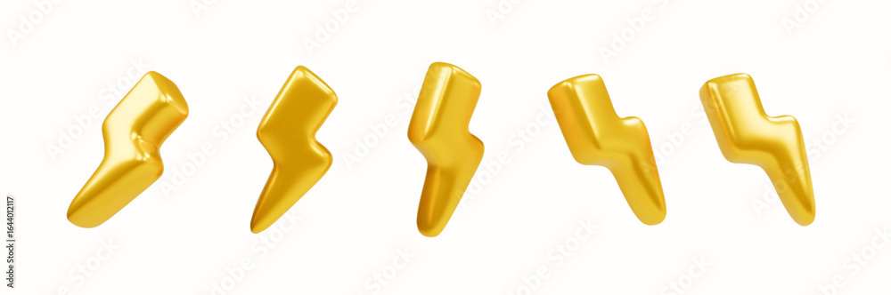 Fototapeta premium 3d set of yellow gold charger symbol. Electric flash, sign thunder. Symbol of energy, danger. Cartoon set vector icon illustration.