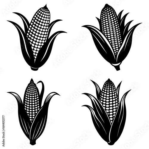 Four black and white illustrations of corn cobs with husks in various orientations on a white background