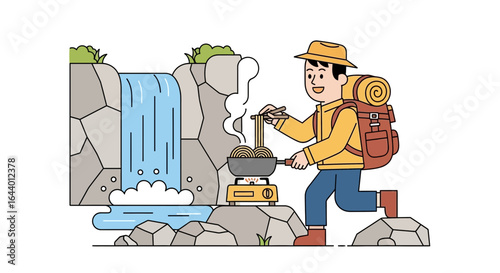 Cartoon Hiker Cooking Noodles by Waterfall: An Illustration of Outdoor Adventure and Culinary Delight
