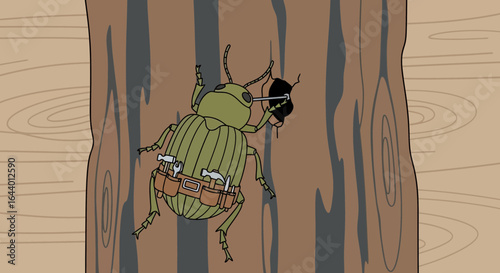 Cartoon illustration depicting a beetle drilling into wood with tools on its belt depicting humor and nature