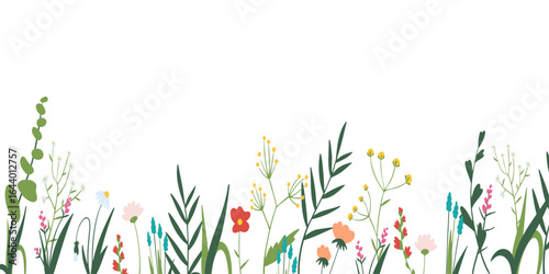  Whimsical watercolor wildflowers and greenery border with soft pastels and botanical elements vector illustration