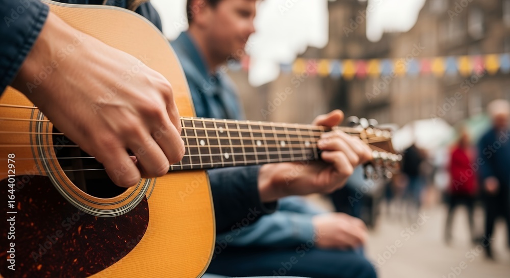 Fototapeta premium Street Musician's Serenade: A Close-Up of Hands on an Acoustic Guitar Fretboard