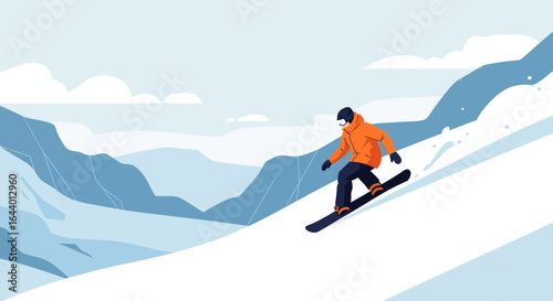 Cartoon illustration depicting a snowboarder in action against mountain backdrop