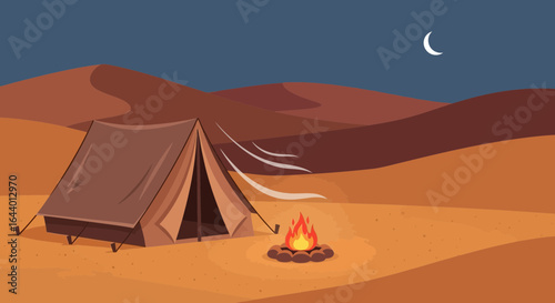 Camping under the moonlight in a serene desert landscape illustration offering solitude and exploration in a unique environment