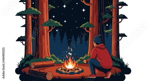 Captivating forest camping scene with a man roasting a marshmallow by a campfire under starry night sky