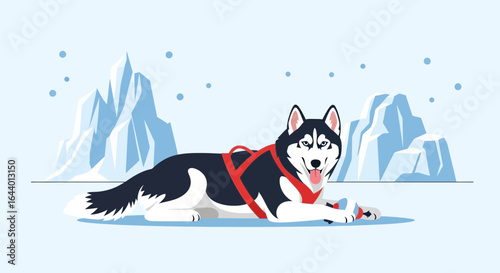Captivating husky resting peacefully amid a serene arctic landscape illustration