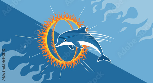 Captivating dolphin illustration jumping through a flaming hoop performance art