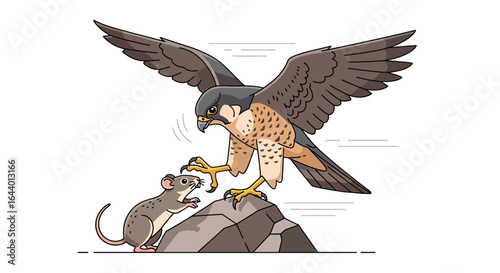 Cartoon illustration featuring a falcon preying on a mouse in a vector style depiction of wildlife confrontation
