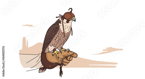 Captivating Falcon Illustration on Gloved Hand against Desert Backdrop in Neutral Tones