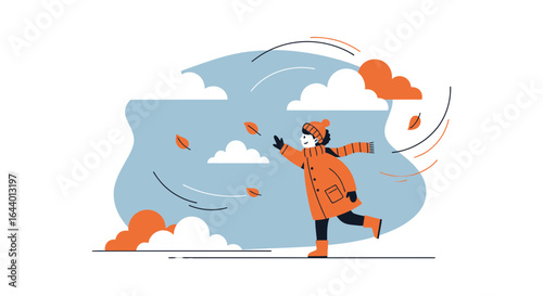 Autumn day illustration depicting a girl catching falling leaves in windy weather for children's book cover or seasonal promotion