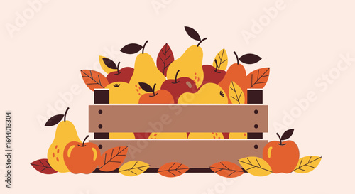 Autumn harvest bounty a wooden crate filled with fresh apples and pears illustration