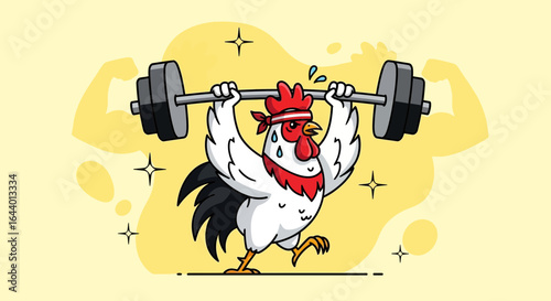 Cartoon illustration featuring a strong chicken lifting weights with determination and enthusiasm showcasing fitness goals