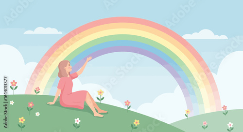 Cartoon illustration featuring a woman reaching for a vibrant rainbow in a serene landscape evokes dreams and aspirations
