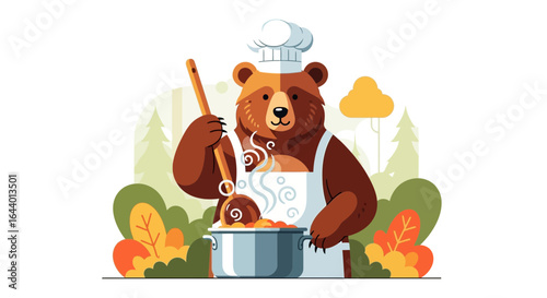 Cartoon Illustration of a Bear Chef Cooking with Ladle and Pot in Outdoor Setting