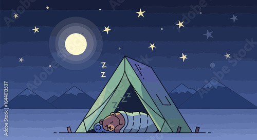 Cartoon illustration of a bear sleeping in a tent under the stars and a bright moon at night, serene camping scene