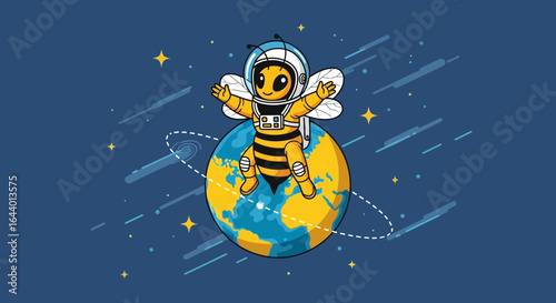Cartoon Illustration of a Bee Astronaut on Earth with Stars and Meteors Around