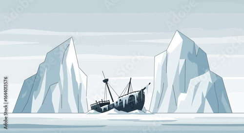 Cartoon arctic scene featuring a shipwrecked vessel trapped between towering icebergs