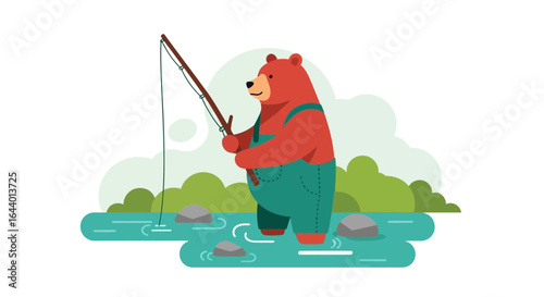Cartoon bear fishing in river, illustration for children's books and animation portraying the wilderness and outdoor activities in a playful style