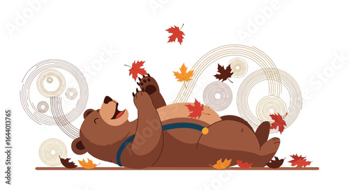 Cartoon bear lying on its back playing with falling leaves in autumn season vector illustration artwork for children and adults