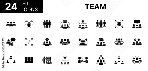 Collection of 24 Team fill icons featuring editable strokes. These outline icons depict various modes of Team, business, people, work, teamwork, person, hr, line, vector, group, set, support, outline,