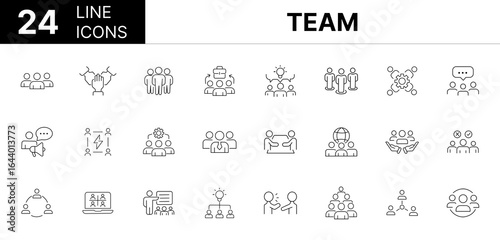 Collection of 24 Team line icons featuring editable strokes. These outline icons depict various modes of Team, business, people, work, teamwork, person, hr, line, vector, group, set, support, outline,