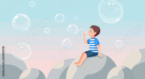 Cartoon illustration of a boy blowing bubbles in a dreamy pastel landscape of serenity and innocence