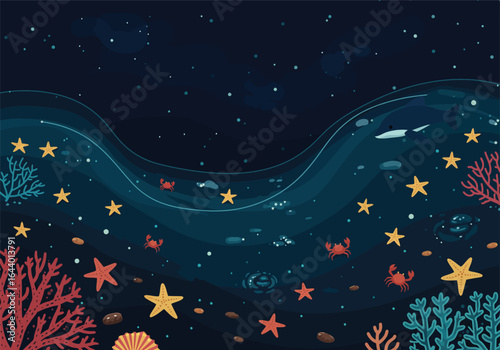 A surreal deep ocean landscape illustration with glowing starfish, crabs, and coral, where the dark sea waves blend into a starry night.
