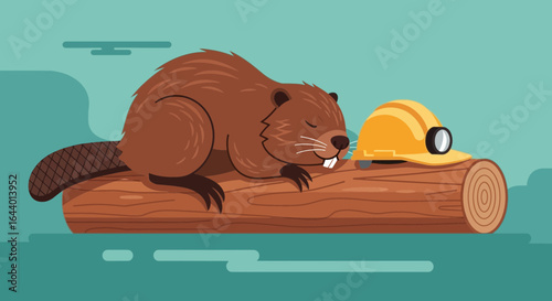 Cartoon beaver taking a nap on a log with a hard hat vector illustration design featuring a cute rodent
