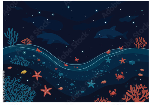 Enchanting nocturnal deep sea world teeming with diverse marine life under a starlit ocean surface, showcasing a peaceful underwater ecosystem.
