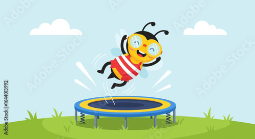 Cartoon bee bouncing happily on a trampoline in a vibrant summer park setting illustration
