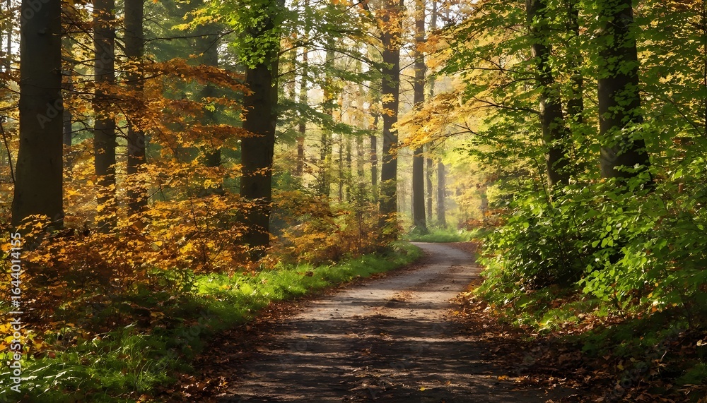Fototapeta premium Autumn Forest Path Covered with Golden Leaves