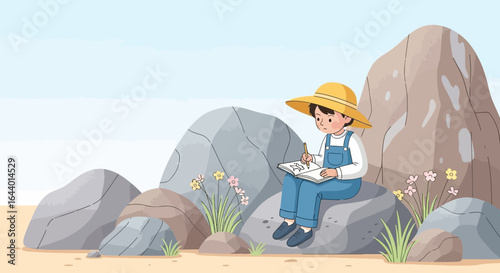 Cartoon Illustration of a Boy Sketching Outdoors Surrounded by Natural Beauty