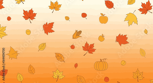 Autumnal Harvest Background Featuring Falling Leaves and Seasonal Produce Illustration
