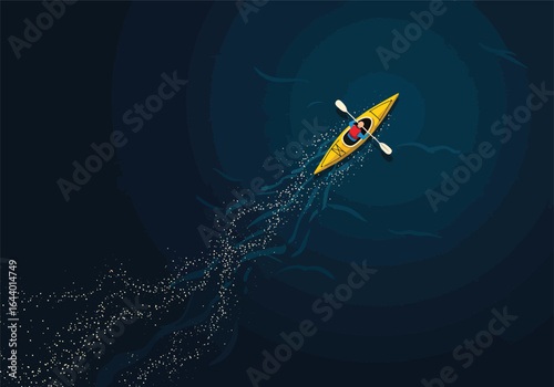 A solitary yellow kayak glides across the dark, calm water, leaving a sparkling, illuminated trail, symbolizing a journey of discovery and light.