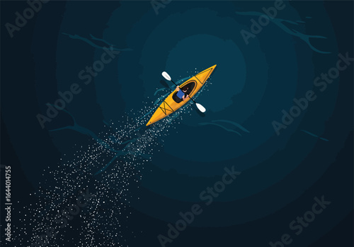 Aerial top-down view illustration of a person paddling a yellow kayak in deep blue water. A concept of solitude, travel, and adventure.