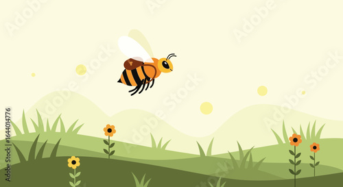 Cartoon bee with backpack flying over a green landscape with stylized flowers and grass vector illustration perfect for children