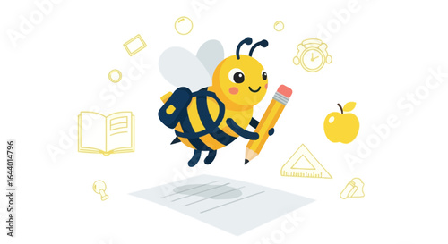 Cartoon bee with backpack flying over paper holding a pencil ready to study well