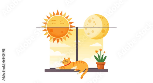 Cartoon illustration of a cat sleeping on a window sill, between the sun and the moon, creating a peaceful and charming scene