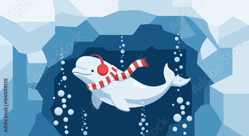 Cartoon Beluga Whale Wearing a Scarf and Headphones Swimming in Arctic Waters Under Ice, Illustration for Children's Books