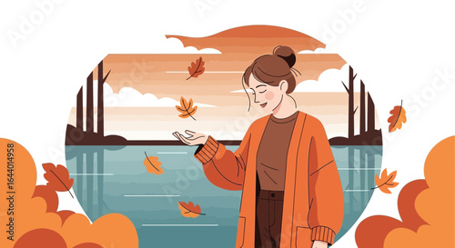 Autumnal Serenity: A woman enjoying the falling leaves by a tranquil lake setting during the fall season