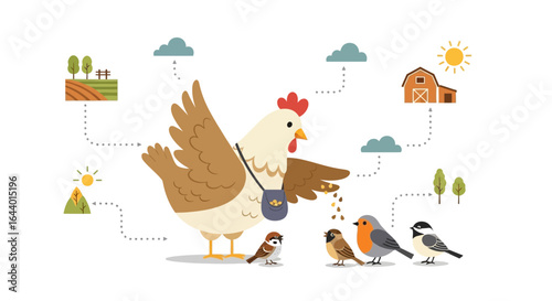 Cartoon illustration of a chicken feeding birds with farm related graphics and cloud shapes