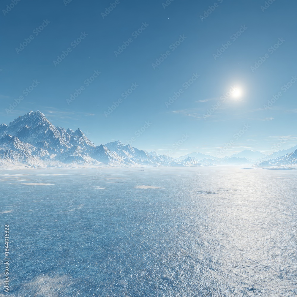 Obraz premium Serene arctic vista snow-capped mountains meet a vast, icy sea under a bright, clear sun