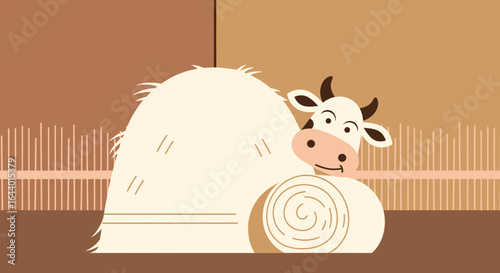 Cartoon illustration of a contented cow relaxing in a barn with haystacks and rustic background