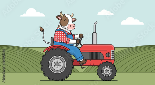Cartoon Illustration of a Cow Farmer Driving a Red Tractor in the Countryside