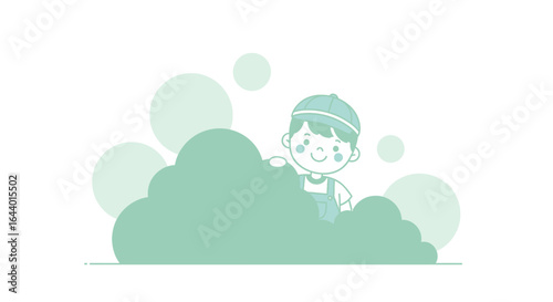 Cartoon illustration of a cute boy playing hide and seek behind a bush with a cap