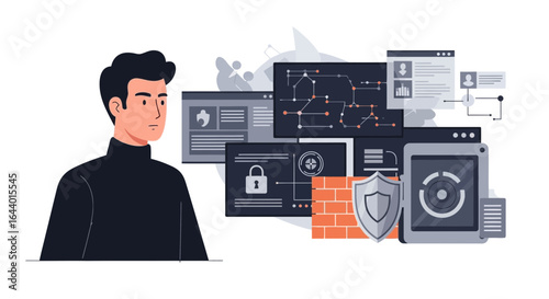 Cartoon illustration of a cybersecurity expert analyzing system security on multiple screens