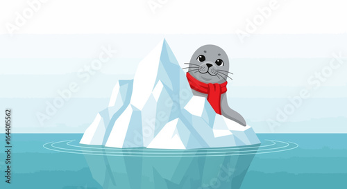 Cartoon Illustration of a Cute Seal with a Red Scarf on Iceberg in Cold Ocean Depicting Climate Change