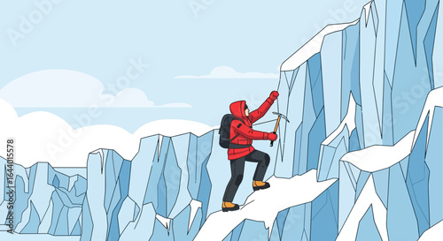 Cartoon illustration of a determined climber scaling a steep icy mountain peak with an ice axe showing adventure and challenging terrain