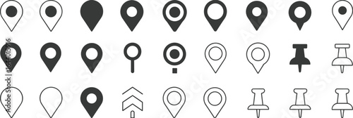 Collection of black and white location pin, map pin, and push pin icons, a flat vector illustration set for navigation and maps
