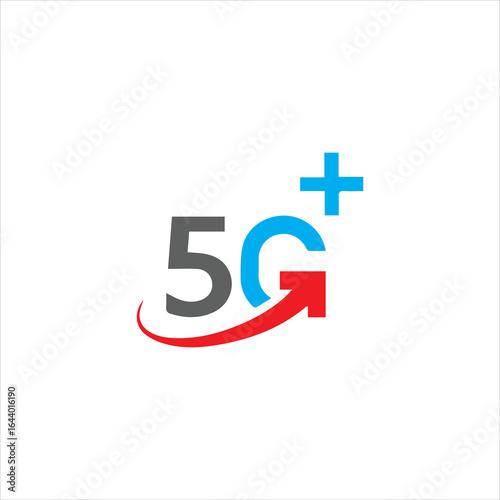 5g plus network logo design with blue text, red arrow, and gray number on white background